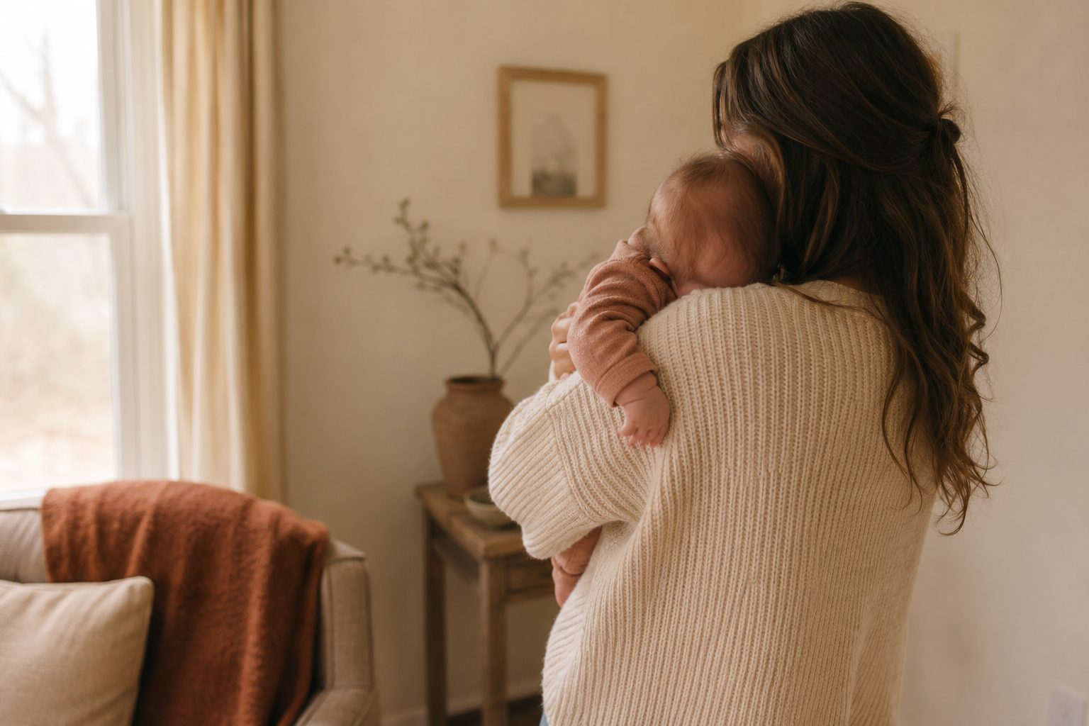 A mother holding her baby close by a sunlit window