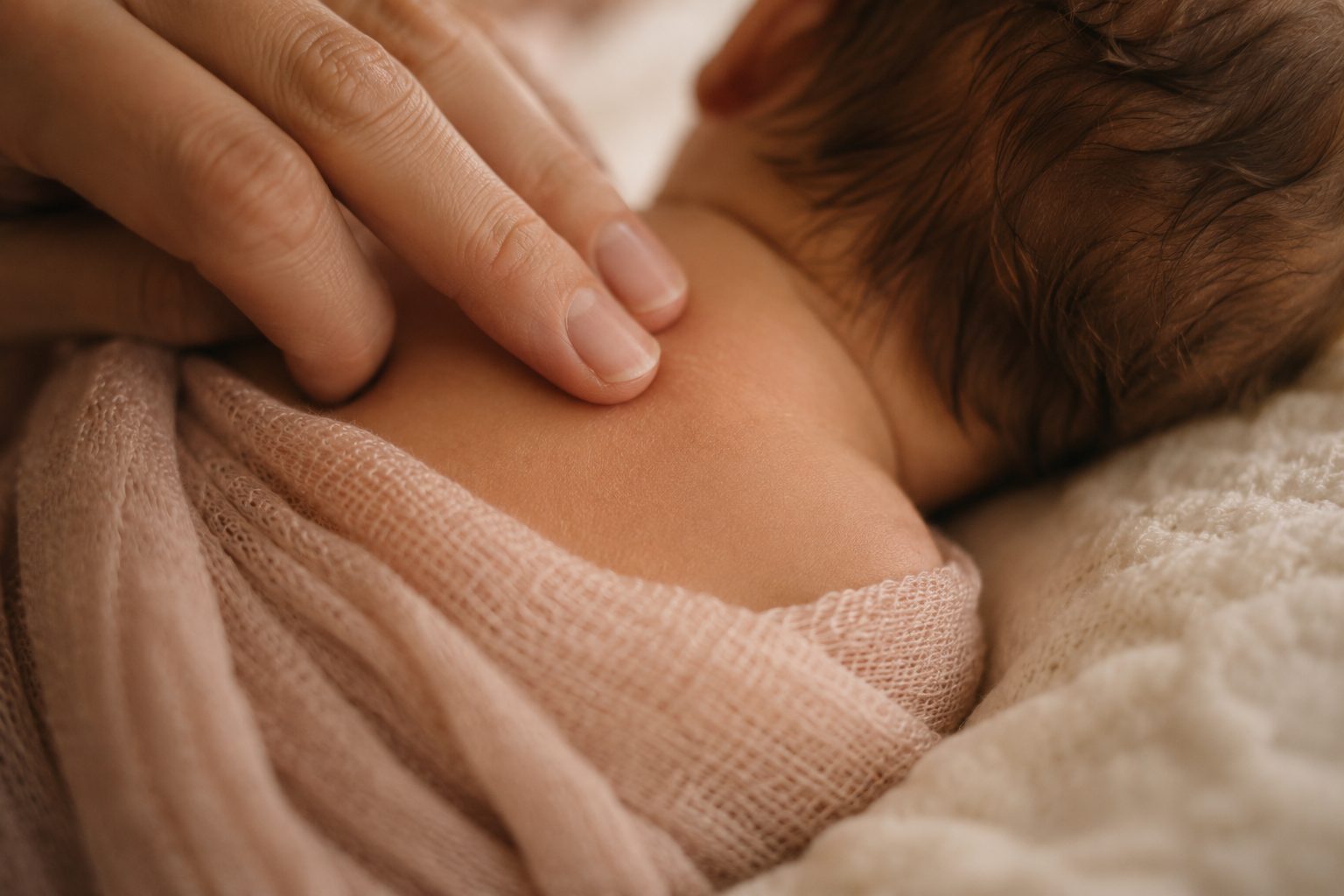 A fingertip resting gently on a sleeping newborn's upper back