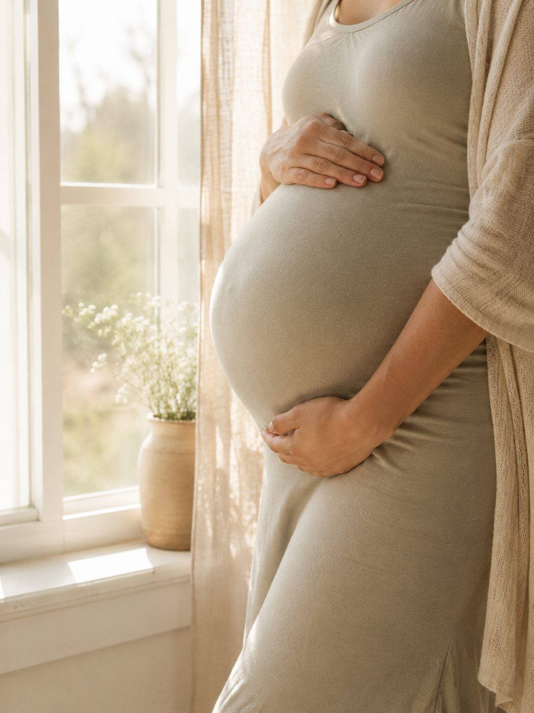 An expectant mother cradling her belly in warm window light
